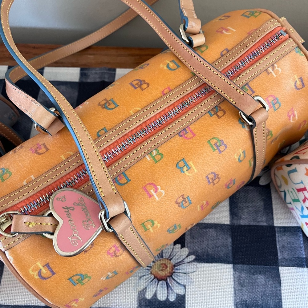 SOLD-Dooney & Bourke rainbow monogram orange Barrel Bag